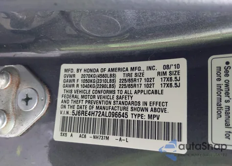 2010 Honda Cr-V Ex-L from USA, damaged, VIN 5J6RE4H72AL096645